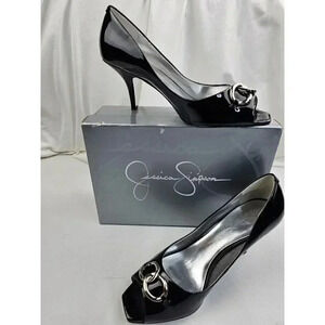 Jessica Simpson Size 8.5B Womens Black Patent Leather Peep Toe Slip On Pumps NIB